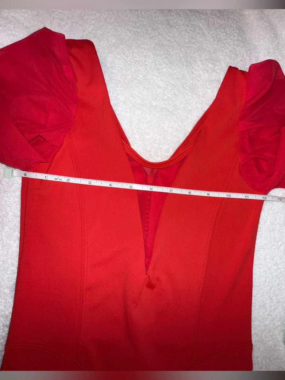 Tiger Friday Girls' Red Dance Leotard with Sheer Puff Sleeves Size Adult X-Small